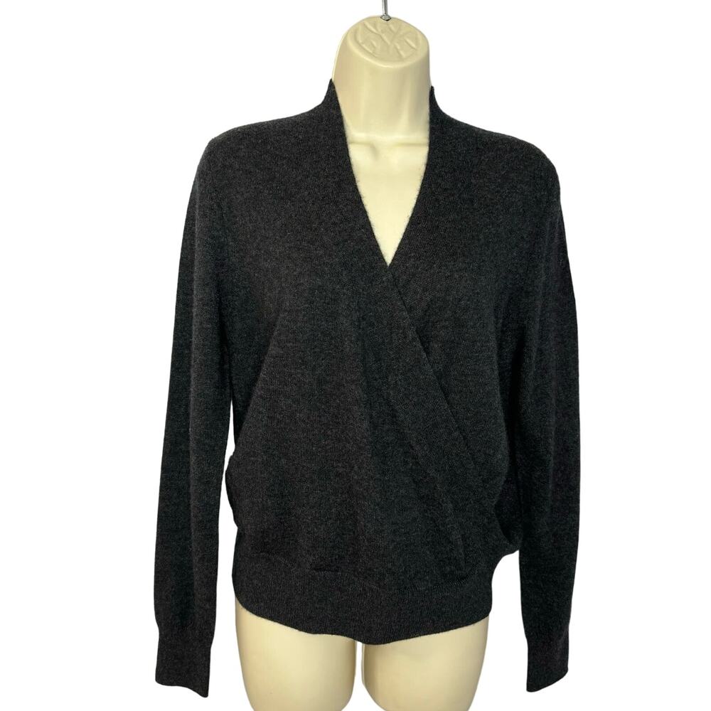 Lilla P Wool Cashmere Long Sleeve Wrap Front V Neck Sweater Grey Soft small